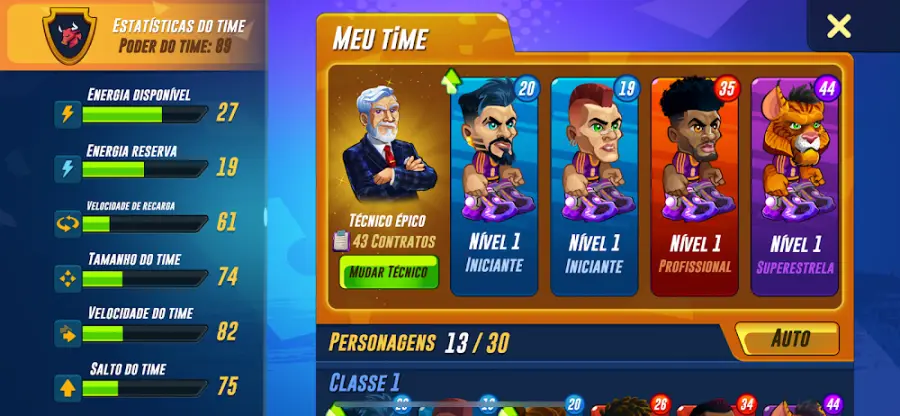 Basketball Arena: painel da equipa com as personagens disponíveis