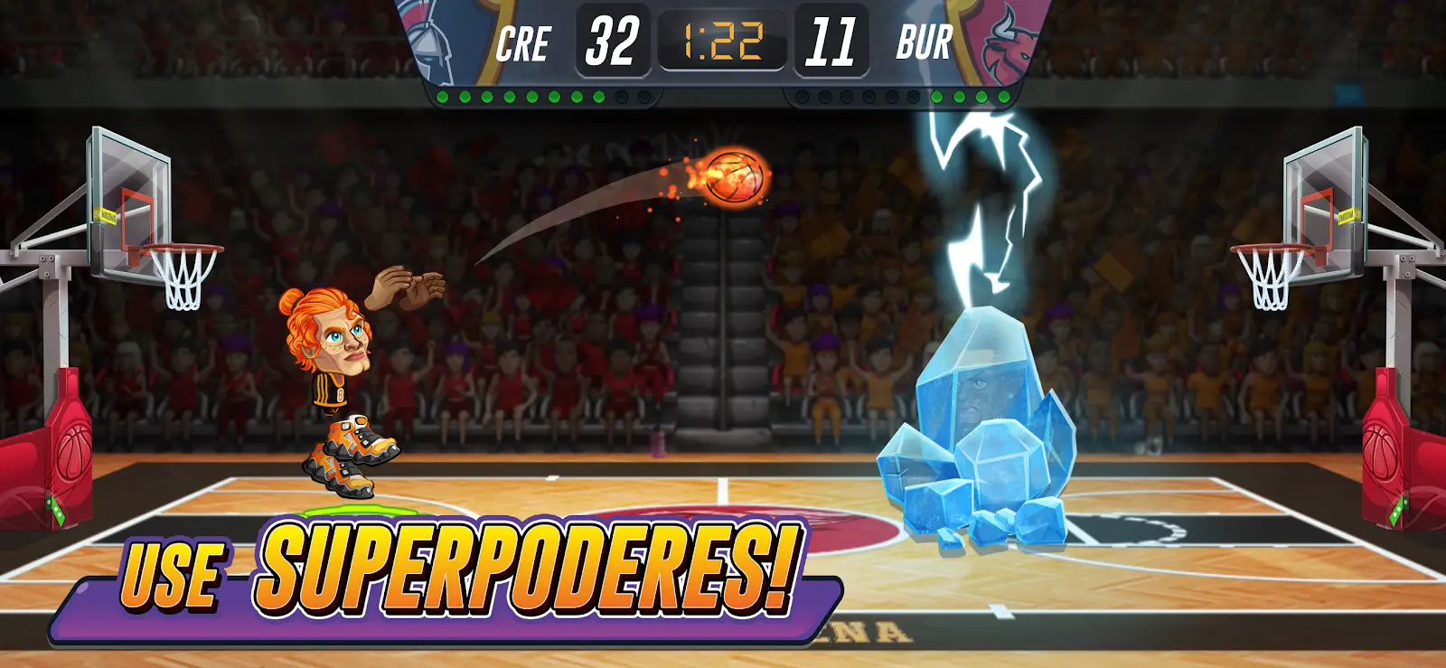 Lance de Basketball Arena com dois jogadores num pavilhão iluminado