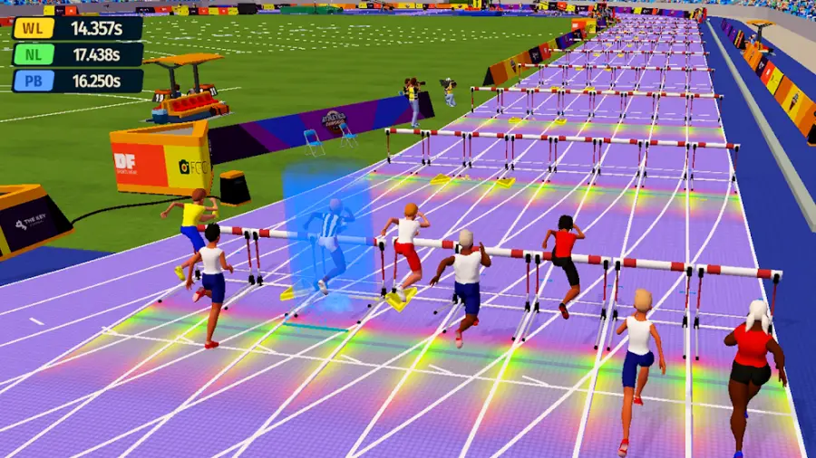 Campeonato de Atletismo: prova de barreiras numa pista colorida