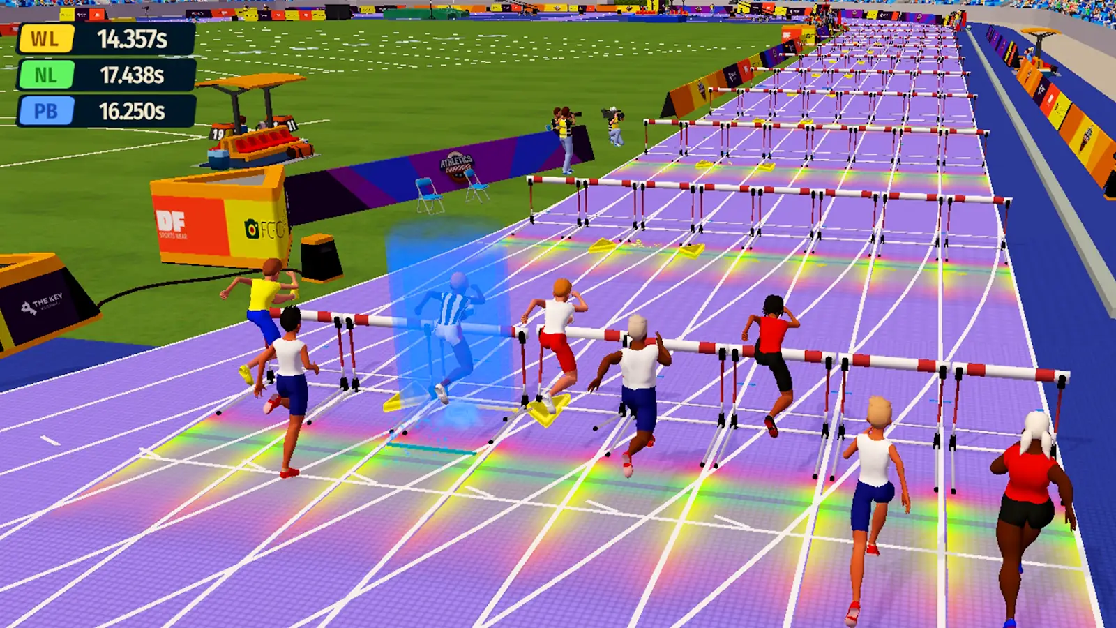 Campeonato de Atletismo: atletas em prova numa pista de tartã