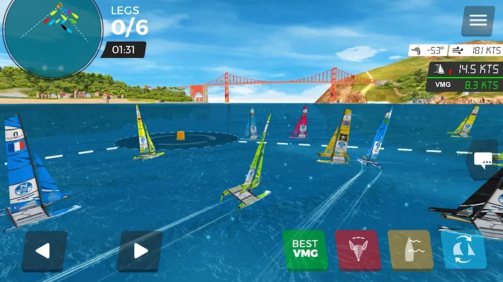 Inshore by Virtual Regatta: frota de catamarãs alinhada na linha de partida ao largo da baía